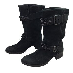 Vera Wang Lavender Uma Embellished Combat Moto Leather Mid-Calf Boots Womens 9.5